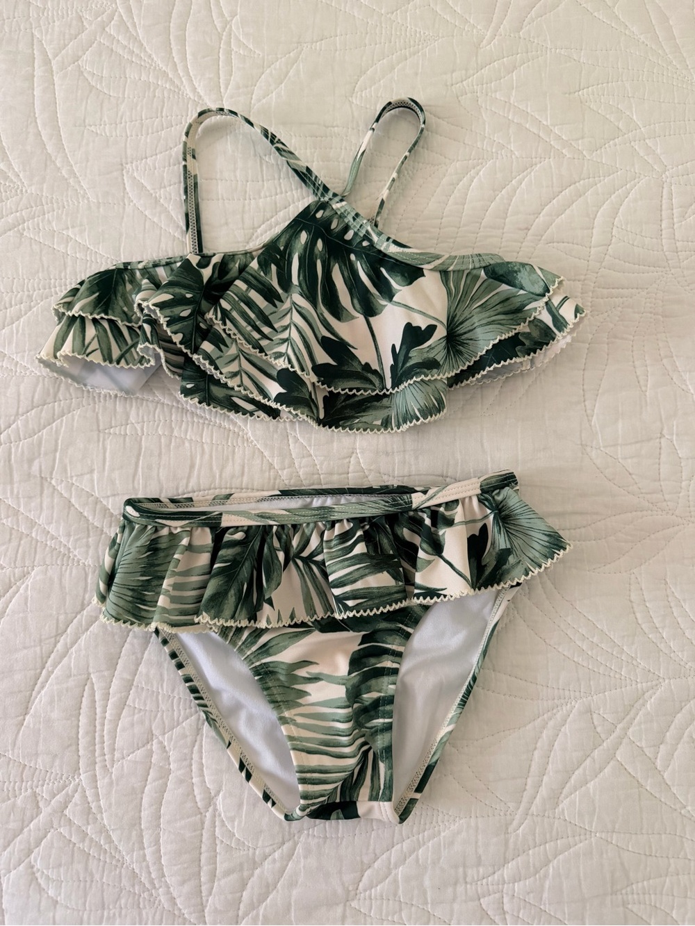 Janie and Jack Green Tropical Leaf Ruffle Bikini